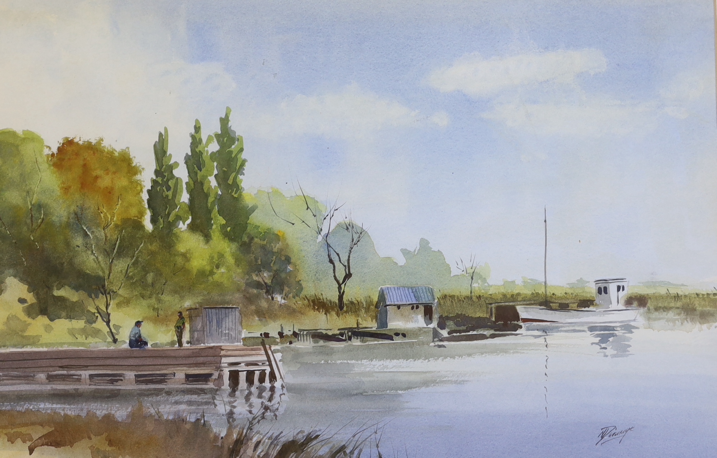 Norman Dinnage (b. 1928) watercolour, Riverside landscape with figures on a jetty, inscribed verso Chesapeake Bay, signed, 49 x 32cm